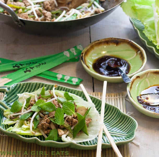 Chinese lettuce wraps are a quick, easy, and healthy weeknight dinner. Ground turkey is stir fried with fresh Asian vegetables and served in lettuce leaves with sweet hoison sauce.