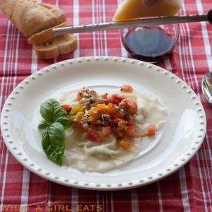 Gorgonzola and Ricotta Homemade Ravioli, topped with Fresh Tomato Summer Pasta Sauce | Recipe from WhatAGirlEats.com