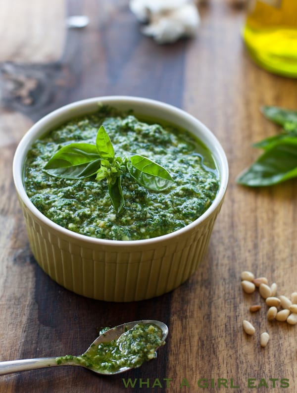 Pesto in a small bowl.