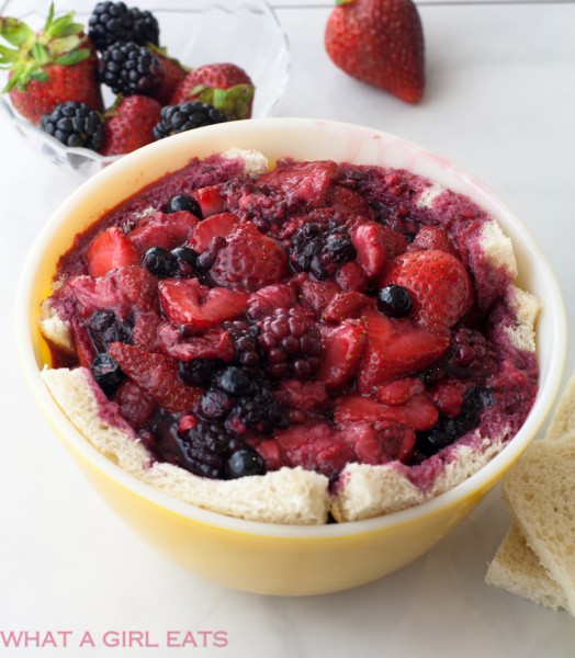 British summer pudding: Line bowl with sliced, trimmed bread. Fill with berries. 
