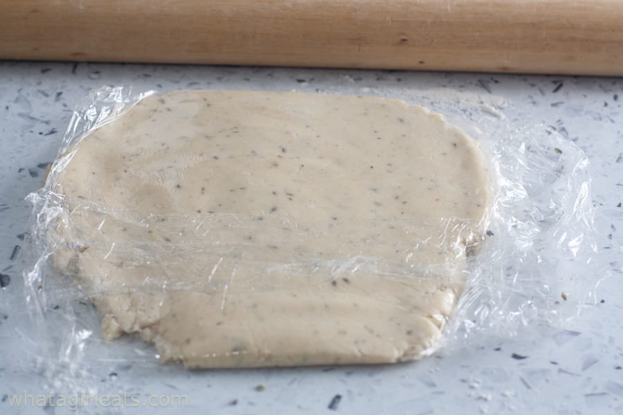 shortbread dough in plastic wrap