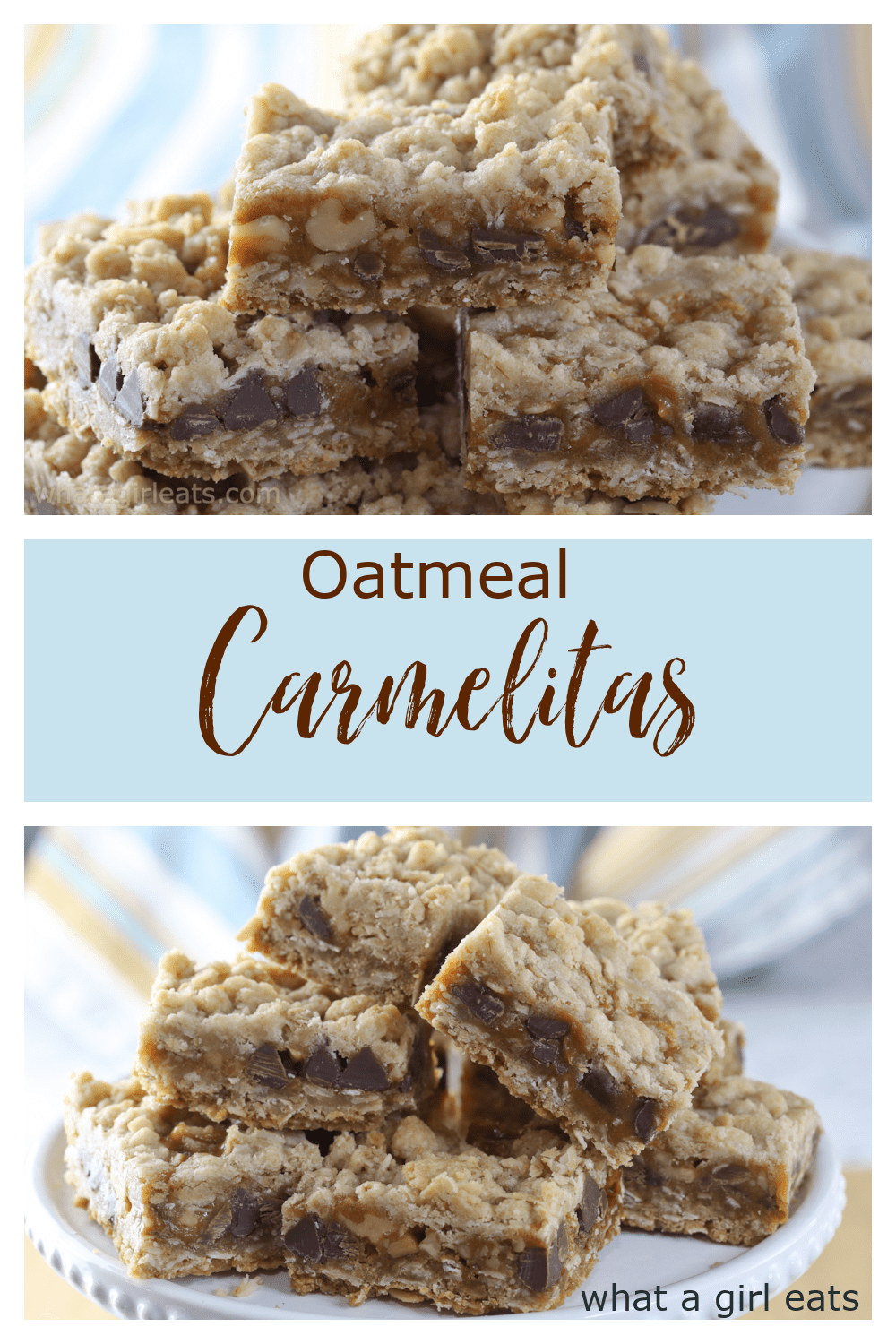 Oatmeal carmelitas are a delicious cookie bar with a buttery oatmeal crust, a creamy caramel filling with chocolate chips and walnuts.