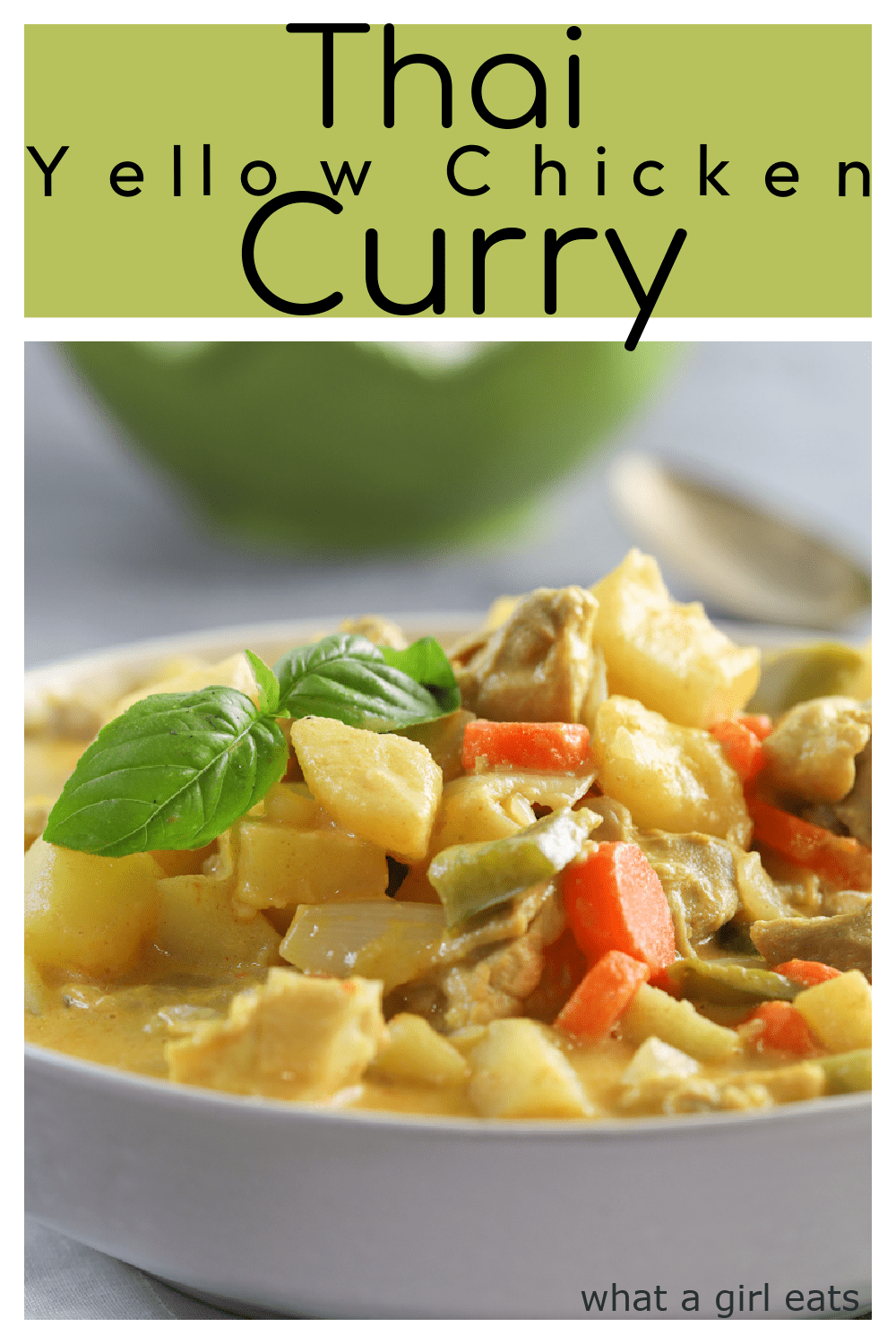 Yellow chicken curry with potatoes, carrots, onions and bell peppers in a rich creamy coconut sauce. Perfect with jasmine rice.