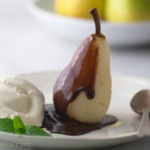 Poire Belle Helene, poached pears with chocolate sauce
