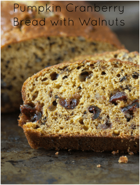 Moist and tender Pumpkin Cranberry Bread with Walnuts and a hint of autumn spices.