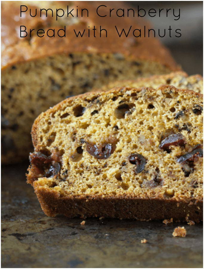 Moist and tender Pumpkin Cranberry Bread with Walnuts and a hint of autumn spices.