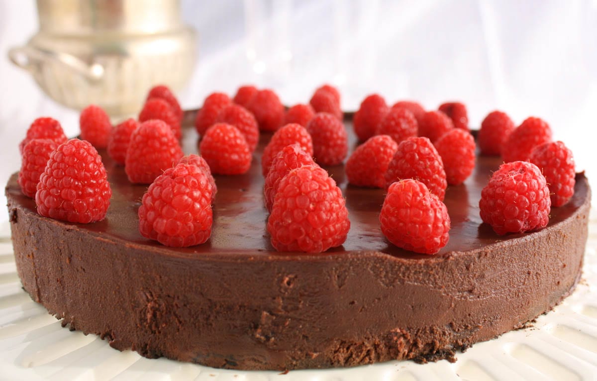 Gluten free dark chocolate Flourless cake with dark chocolate ganache.
