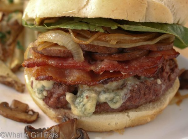 Applewood smoked bacon and bleu cheese burger with caramelized onions and mushrooms | Recipe on WhatAGirlEats.com