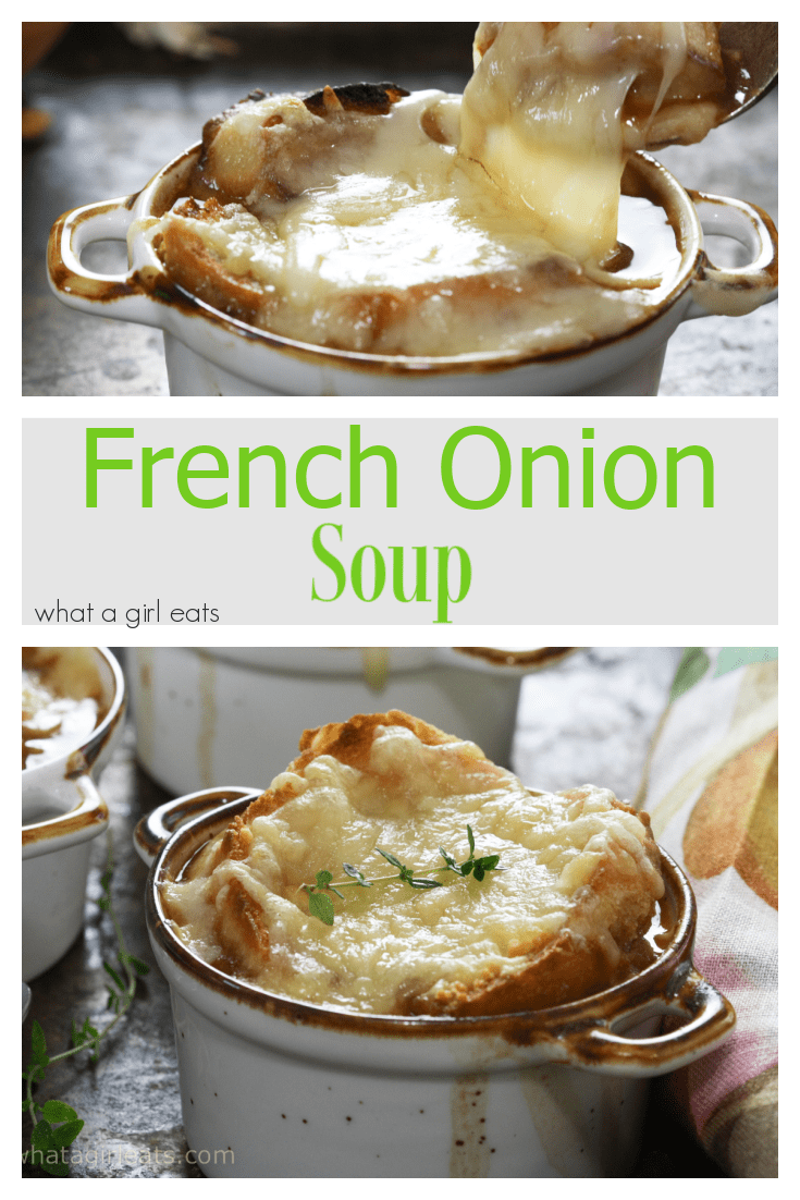 This recipe for classic French onion soup is caramelized onions simmered in beef broth then topped with a toasted crouton grated cheese.