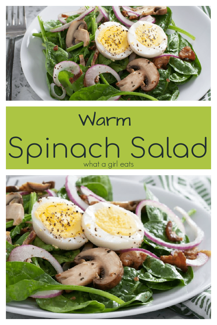 This vintage spinach salad recipe with warm bacon dressing is tossed with thinly sliced onions, mushrooms and hard boiled eggs. Low carb and gluten free!