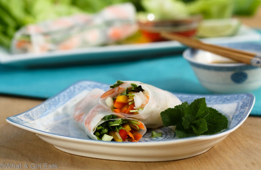 Homemade shrimp Spring rolls are an Asian appetizer or entree. Light and airy, filled with fresh vegetables and tender shrimp. | What a Girl Eats