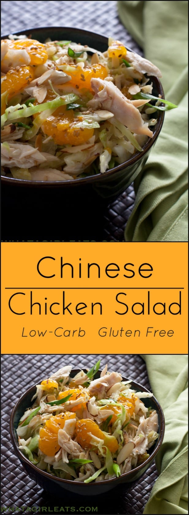 Bowls of healthy Chinese chicken salad with text overlay reading: Chinese Chicken Salad, gluten free and low carb. 