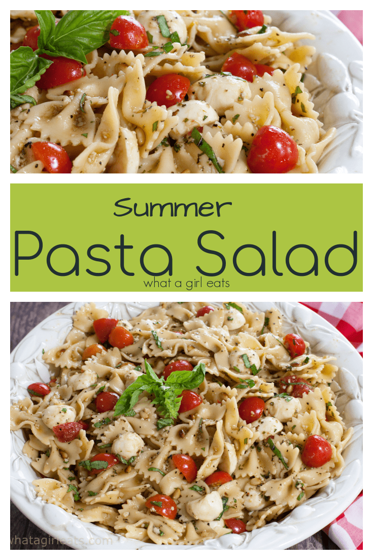 This easy Caprese pasta salad is tossed with fresh tomatoes, marinated mozzarella, basil and pine nuts. This vegetarian dish is perfect for potlucks and picnics!