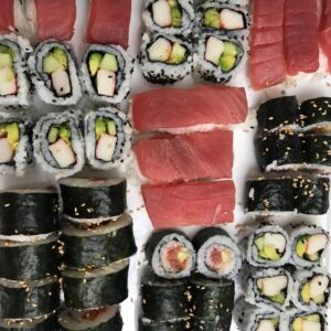 California rolls on a plater.