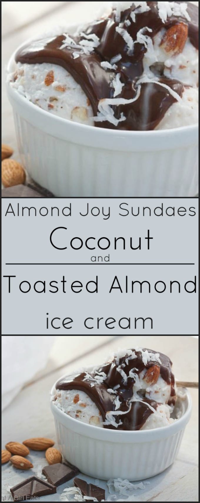 Coconut and Toasted Almond ice cream! Like an Almond Joy, but cold and creamy! Gluten free!