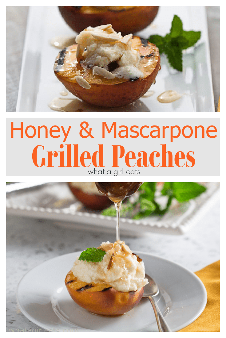 Grilled peaches with mascarpone cheese, drizzled with a bit of honey and topped with toasted almonds, is an easy summer dessert. The warm, caramelized flesh of the peach combines with the lightly sweetened mascarpone for a wonderful combination of warm, cool, creamy and juicy.