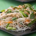 Get the recipe for a delicious summer salad! Thai rice noodle salad with chicken, cilantro and peanuts. Light and healthy summer dinner.