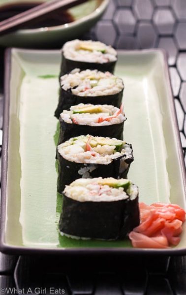California rolls on a plate. 