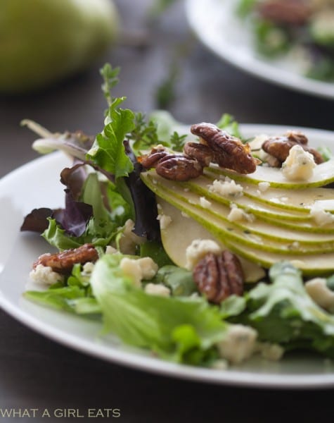 Close up of Pear and Gorgonzola Salad with Candied Pecans.