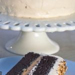 Chocolate peanut butter cake has layers of milk chocolate cake with rich peanut butter filling and vanilla peanut butter frosting. | @whatagirleats