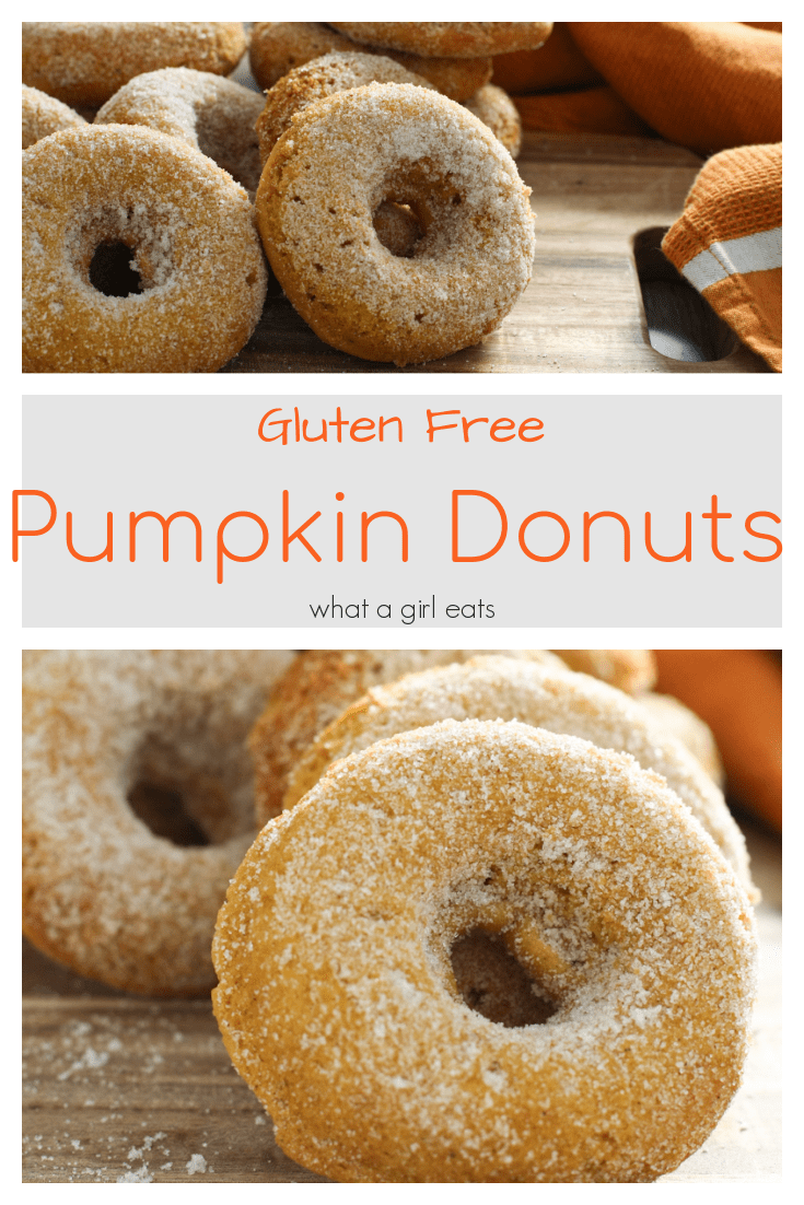Pumpkin spice gluten free donuts are tossed with baked then tossed with cinnamon sugar. The perfect bite with a cup of coffee.