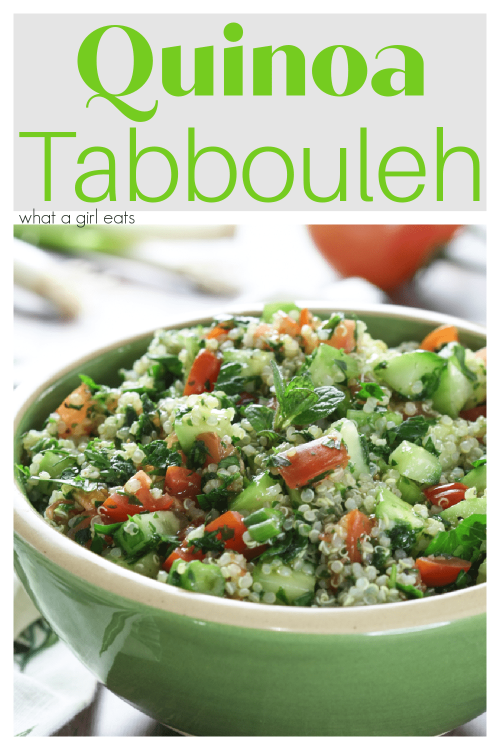 Quinoa Tabbouleh is a healthy, gluten free side dish with fresh parsley, cucumbers and tomatoes, this salad is full of flavor!