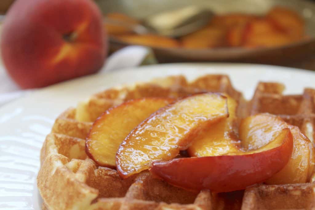 Overnight waffles with peach topping