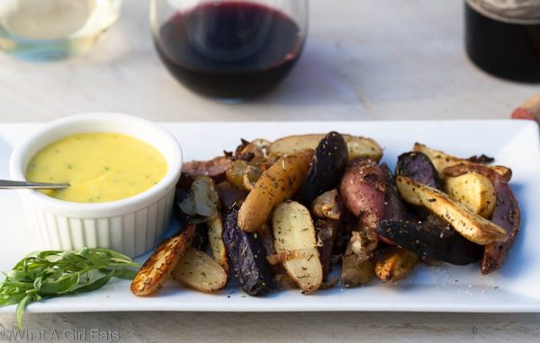 Roasted Fingerling Potatoes with Shallots, Herbs de Provence, and Tarragon Aioli.