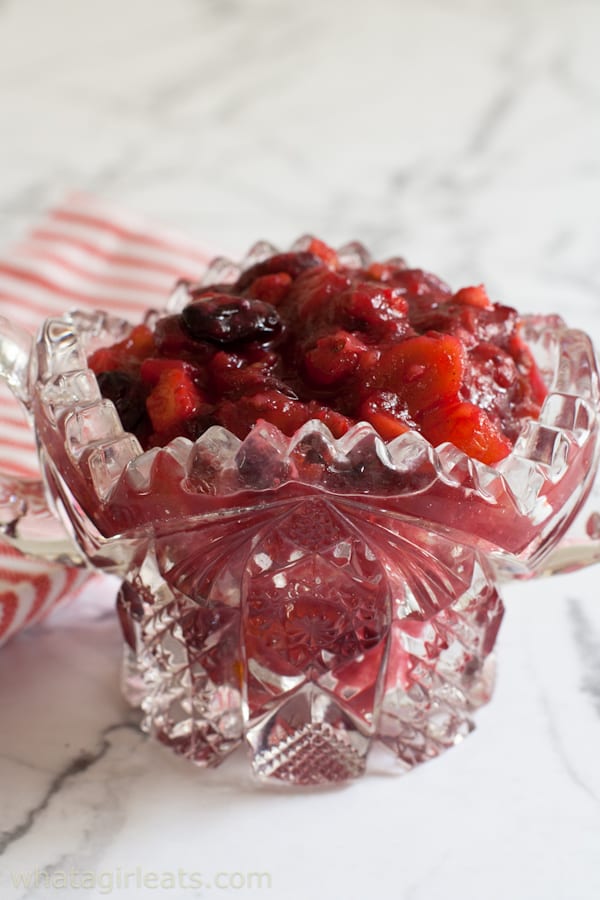 Cranberry chutney in crystal bowl.