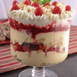 Classic English Trifle:Poached Pear and Raspberry Trifle with Almond Pound cake.