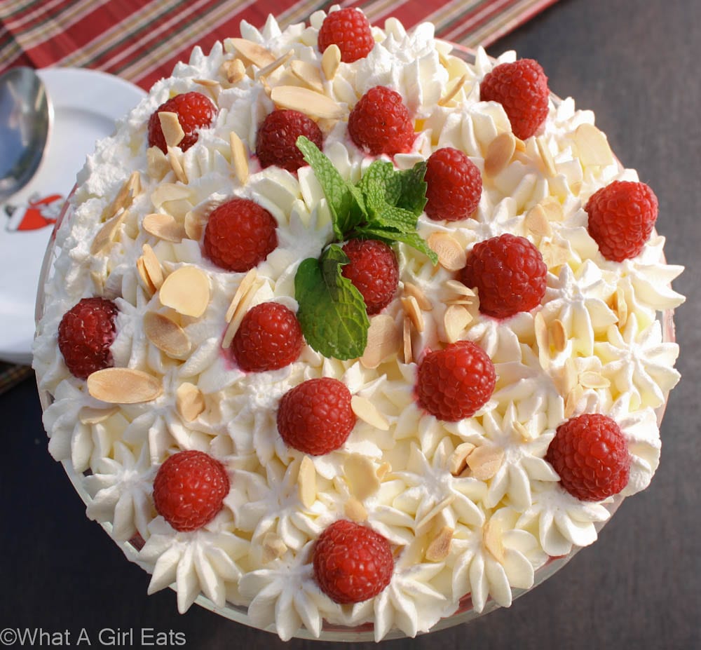 Christmas Trifle topped with whipped cream, raspberries, almonds and fresh mint.