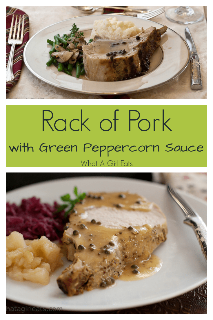 Rack of pork with green peppercorn sauce is a delicious change of pace from turkey or beef for a holiday or special meal.