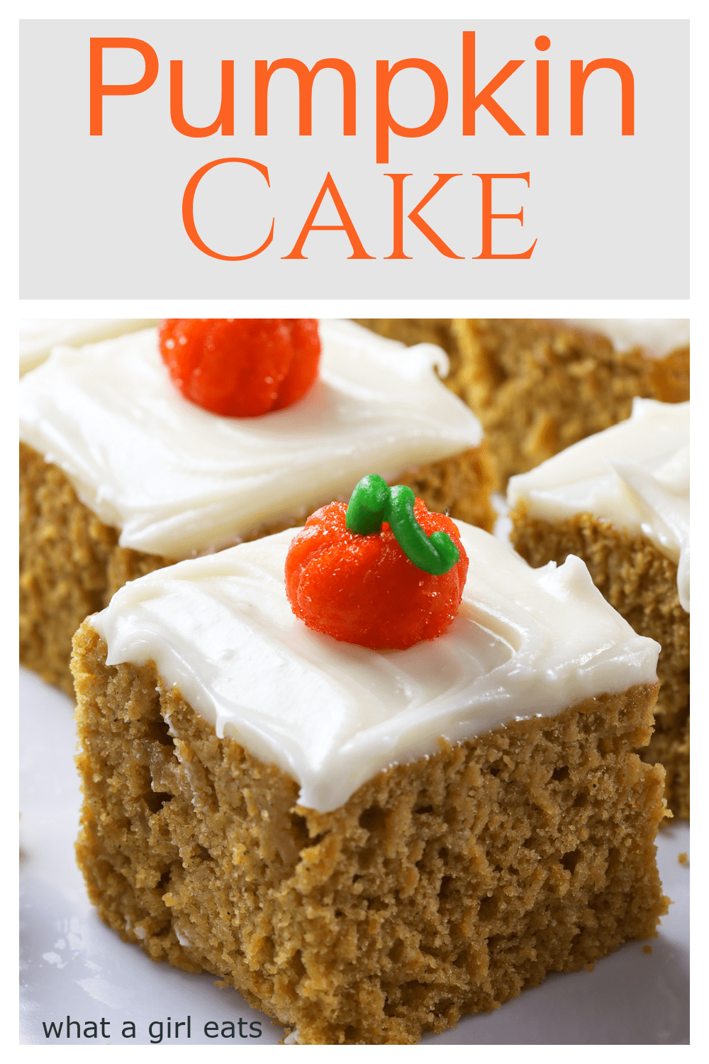 This pumpkin cake with rich cream cheese frosting is a moist, delicious and easy snacking cake perfect for fall