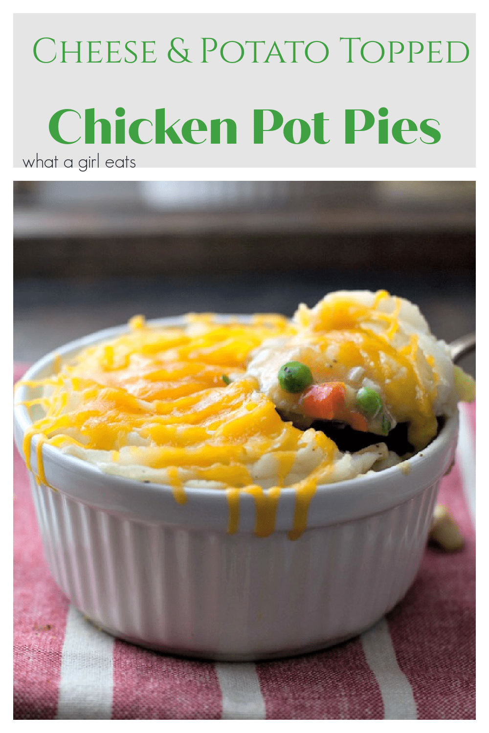 Cheesy potato-crusted chicken pot pies ﻿are pure comfort food. Chicken and vegetables, simmered in a rich gravy with a cheddar potato crust.
