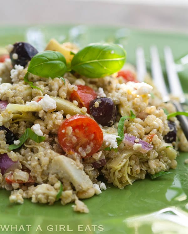 Artichoke and Pesto Mediterranean Quinoa Salad | @whatagirleats