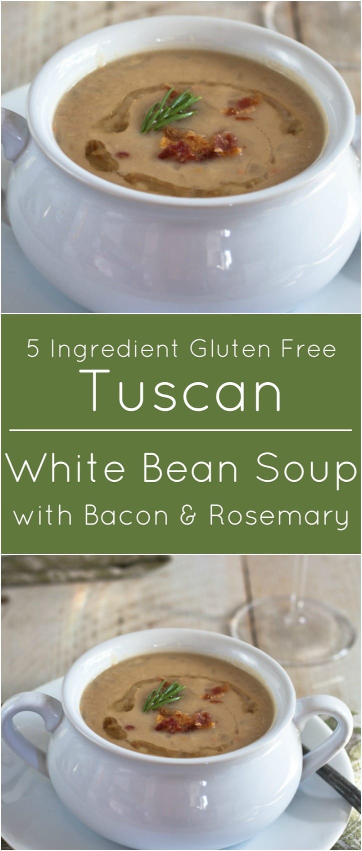 Easy Tuscan White Bean Soup with Bacon and Rosemary. 5 ingredients, 30 minutes and gluten free!