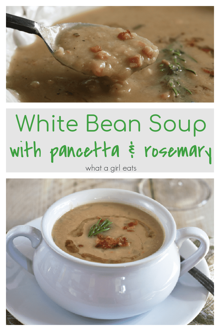 Tuscan White bean soup with pancetta and rosemary is a deliciously easy soup made with pantry staples. Ready in under 30 minutes, it's perfect for a weeknight meal