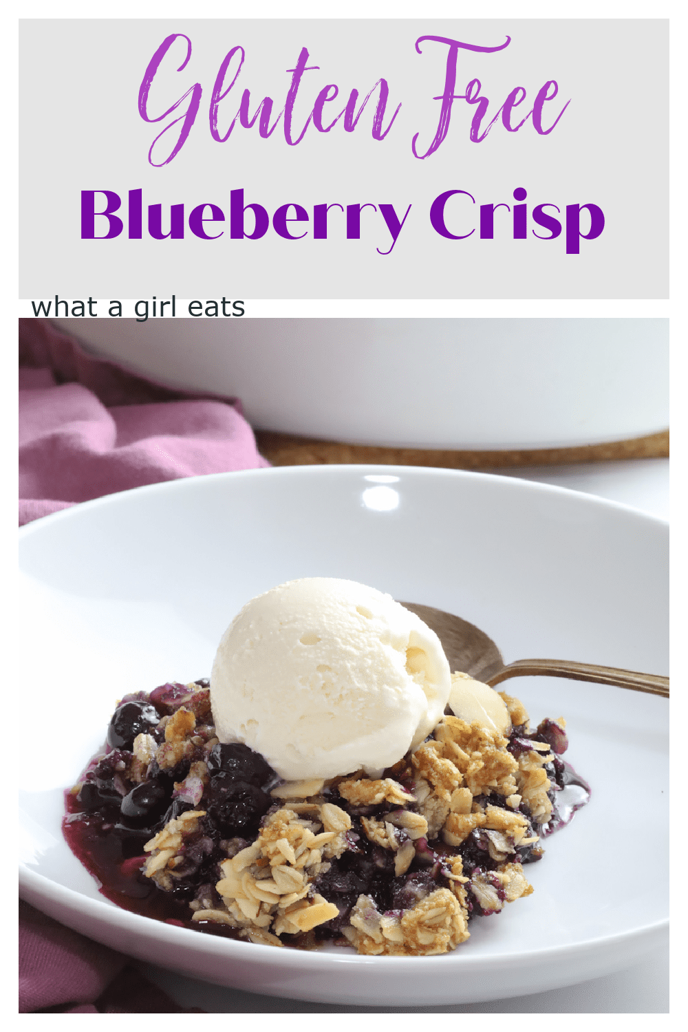 Blueberry crisp is a simple dessert topped with brown sugar, nuts and oats. This gluten free topping can be used on a variety of fruit!