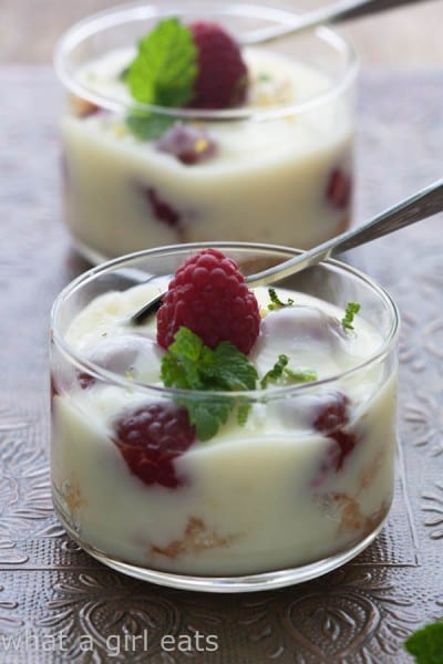 Lemon Posset layered mini trifles with fresh berries.