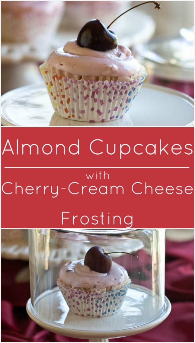 Gluten free Almond Cupcakes with Cherry Almond Cream Cheese Frosting. 
