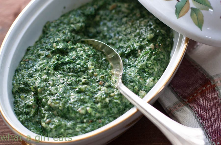 Lawrys creamed spinach in a serving dish.