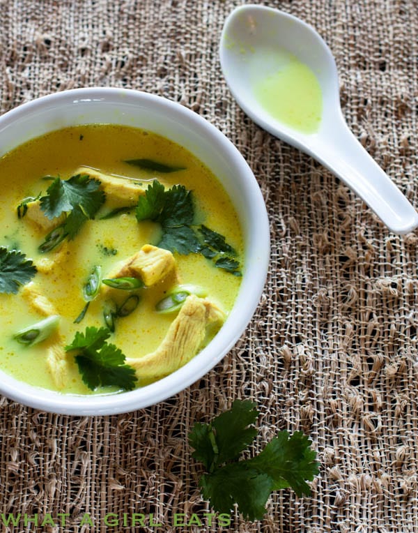 Tom Ka Gai, or Thai Coconut Soup, is one of my family's favorite soup recipes! This flavorful soup is a Paleo and Whole30 compliant recipe. | WhatAGirlEats.com