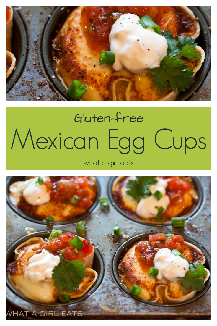 Mexican egg cups are perfect for a Mexican themed breakfast or brunch. Tortilla lined muffin cups are filled with sauce, eggs and cheese. Top with sour cream, salsa and cilantro.