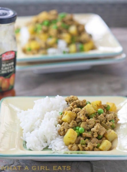 Indian Curried beef over basmati rice.
