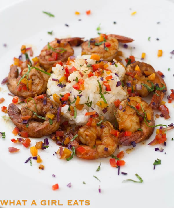 Spicy Confetti Shrimp on a white plate