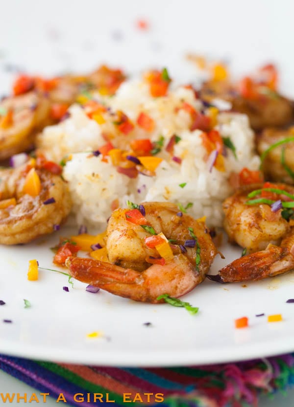 Spicy shrimp closeup shot on a white plate