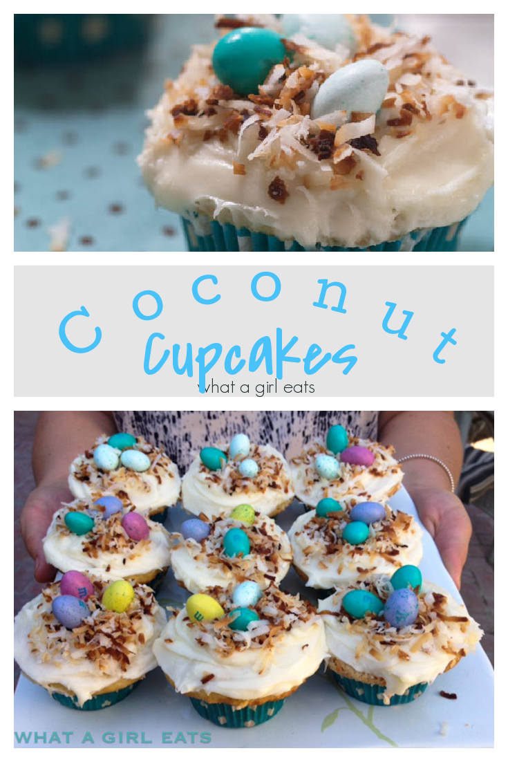 Coconut cupcakes with toasted coconut nests are the perfect Easter cupcake! Cream cheese frosting with a hint of almond.