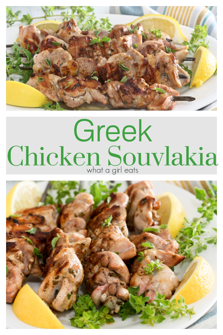 This authentic recipe for Greek chicken souvlakia is a delicious addition to any summer BBQ.Tender chunks of chicken are marinated in Greek herbs, lemon & EVOO.