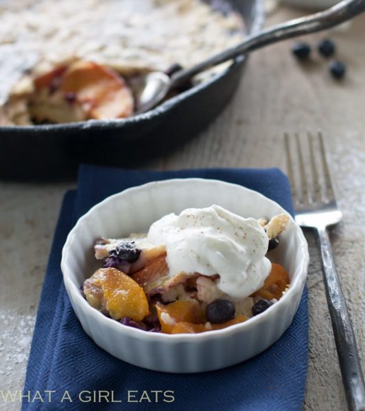 Blueberry Peach Clafoutis - a delicious and easy to make French dessert. | WhatAGirlEats.com