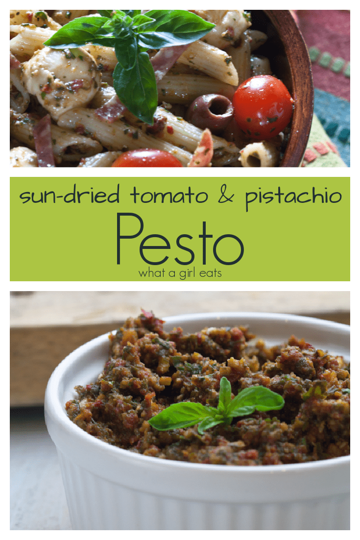 Sundried tomato pesto with pistachios is a delicious topping for bruschetta or pasta.